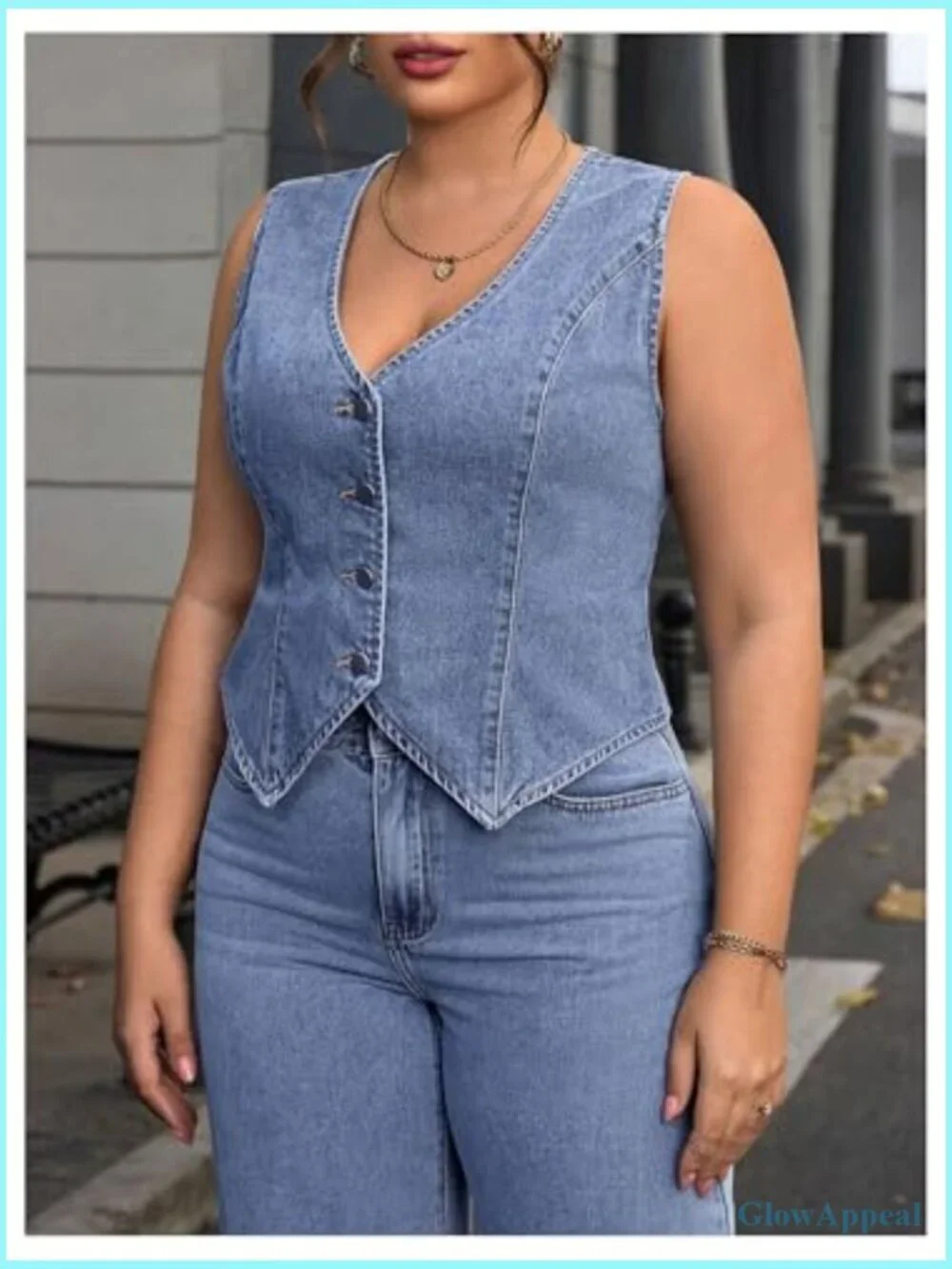 Plus Size Sleeveless Denim Vest Jacket Button Front V Neck Waistcoat